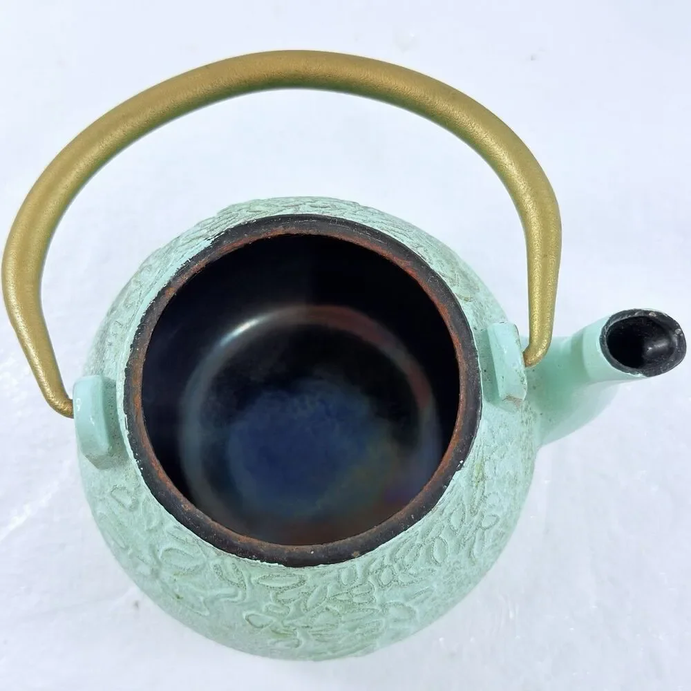 Vintage Japanese Cast Iron Teapot Green Embossed Leaf Design W/ Lid & Handle